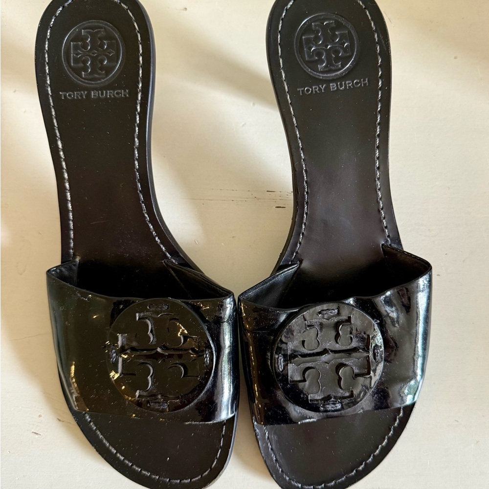 Tory Burch Glossy Black Slide Heeled Sandals